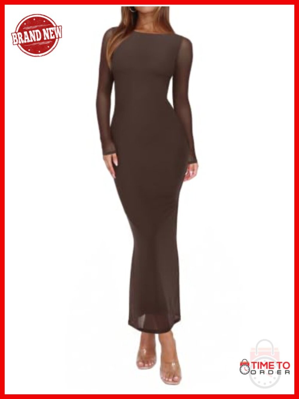 REORIA Women's Mesh Sheer Long Sleeve Bodycon Maxi Dress Wedding Guest